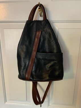 Navy Blue Leather Backpack with Brown Trim